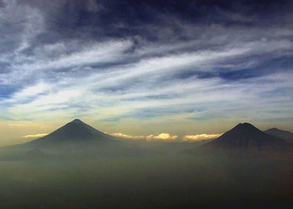 AERIAL VIEW SHOWS THE PANAJACHEL VOLCANOS AFTER SUNSET