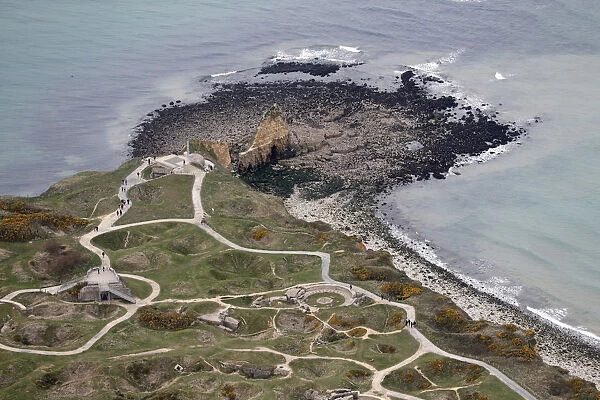 An aerial view shows the Pointe du Hoc cliffs and memorial in the Normandy region