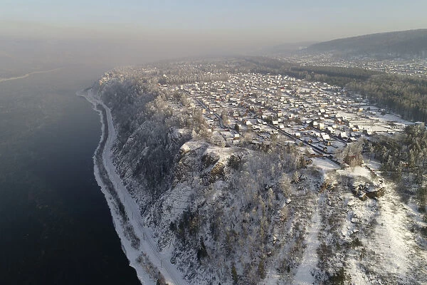 An aerial view shows a settlement on the suburbs of Krasnoyarsk