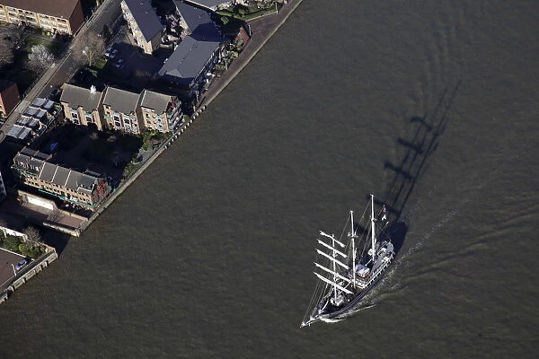 An aerial view shows a ship on the River Thames near the London 2012 Olympic Park