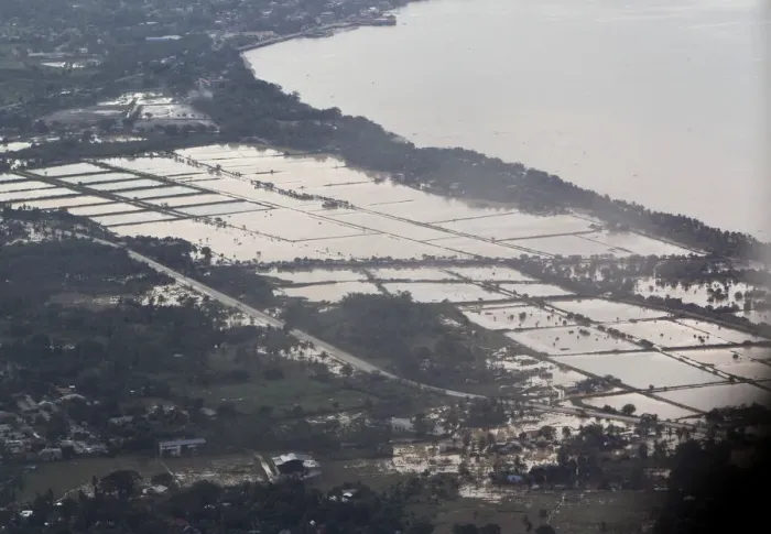 Framed Print : An aerial view shows villages inundated in floodwaters caused by typhoon Washi in Cagayan