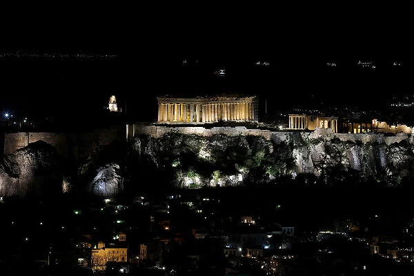The ancient Parthenon temple is pictured atop the Acropolis hill before Earth Hour in