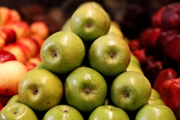 Apples are seen at a shop in Budapest