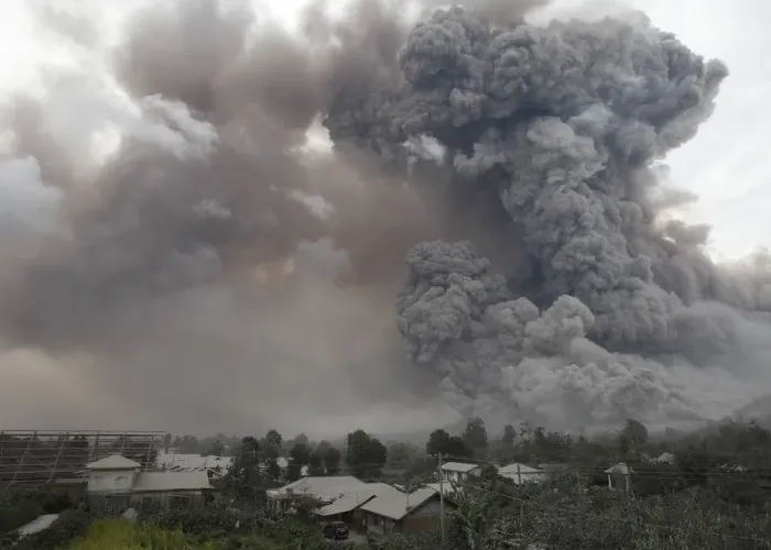 Framed Print : An ash cloud from a Mount Sinabung eruption is seen from Kuta Tengah village in Karo Framed Print : An ash cloud from a Mount Sinabung eruption is seen from Kuta Tengah village in Karo