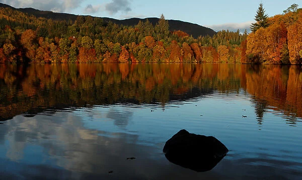 Autumn leaves are reflected on Loch Faskally, Pitlochry, Scotland