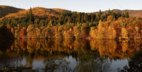 Autumnal leaves are reflected in Loch Faskally, near Pitlochry, Scotland