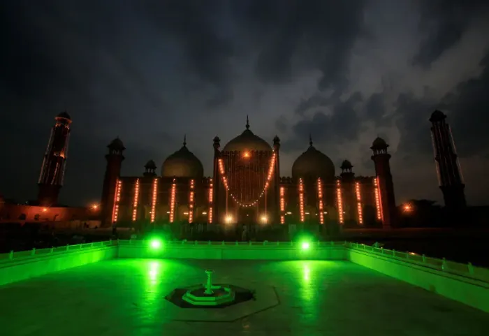 Framed Print : Badshahi Mosque is seen illuminated on Laylat al-Qadr during the Muslim holy month of