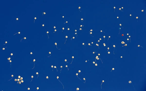 Balloons fly after being released by people who gather to commemorate the victims of a