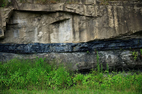 A band of coal is visible in the rock layers along the roadside on Black Mountain in