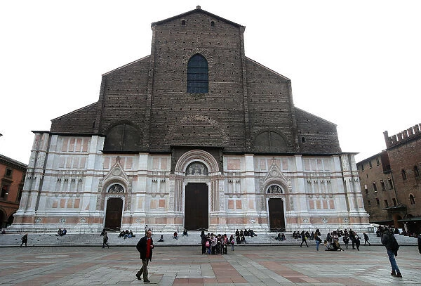 The Basilica of San Petronio is seen in Maggiores square downtown Bologna