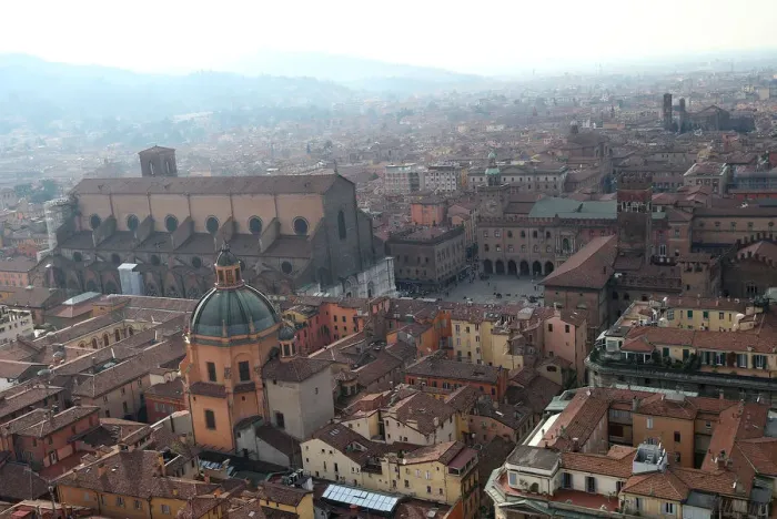 Framed Print : The Basilica of San Petronio is seen in Maggiores square downtown Bologna