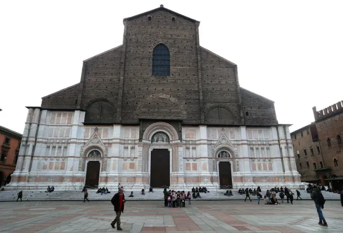 Framed Print : The Basilica of San Petronio is seen in Maggiores square downtown Bologna