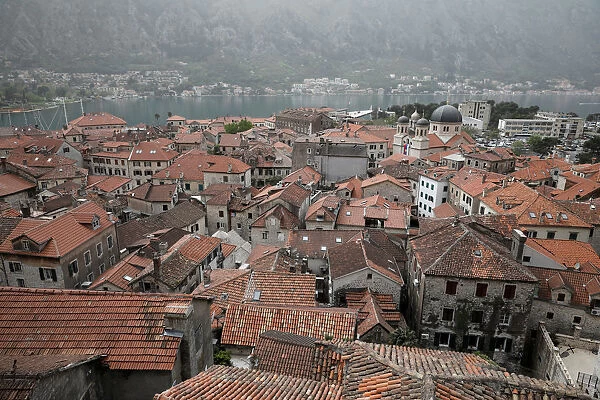 The bay and the old town of Kotor is seen from a hill in Montenegro