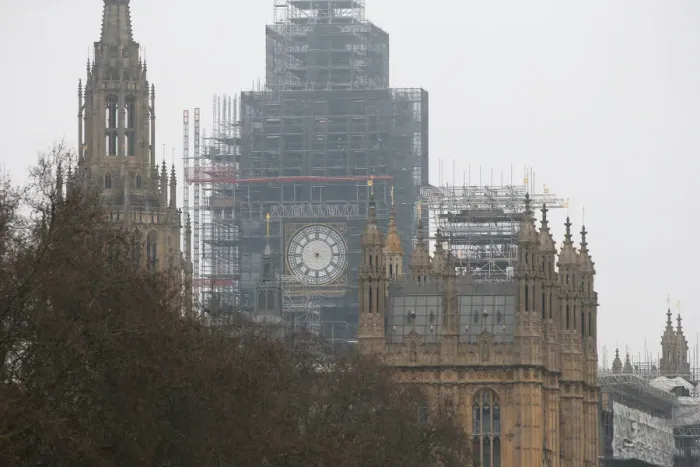 Framed Print : Big Bens clock face is seen after the hands were removed during maintenance