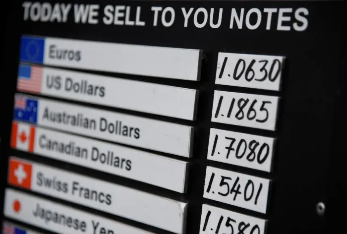 Framed Print : A board displaying buying and selling rates is seen outside of a currency exchange outlet Framed Print : A board displaying buying and selling rates is seen outside of a currency exchange outlet