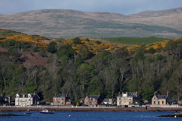 Boats are moored near houses in Millport, Scotland
