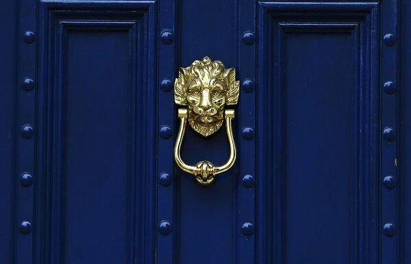 A brass door knocker is pictured on a blue door in London