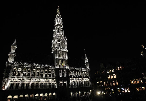 Brussels Town Hall is seen illuminated during light show at Grand Place in Brussels