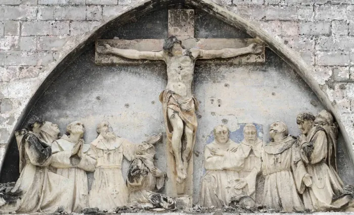 Framed Print : Bullet holes seen on Jesus Christ sculpture inside war-torn church building in Mogadishu Framed Print : Bullet holes seen on Jesus Christ sculpture inside war-torn church building in Mogadishu