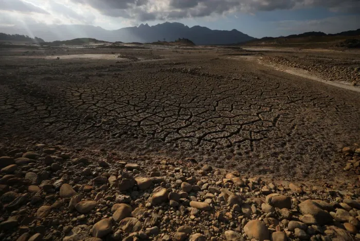 Framed Print : Caked mud is seen at Theewaterskloof dam near Cape Town