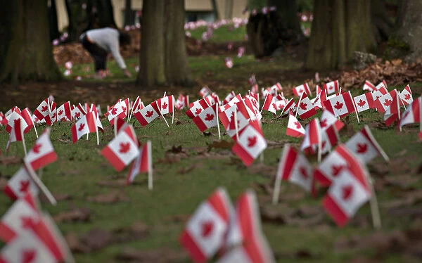 Canadian flags in honour of Remembrance Day cover the property of a seniors home in