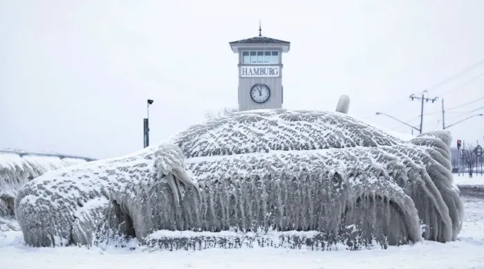 Framed Print : A car covered with ice remains stranded on the waterfront in Hamburg, New York Framed Print : A car covered with ice remains stranded on the waterfront in Hamburg, New York