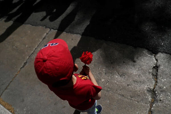 A child holds a carnation during a march marking the 44th anniversary of the Carnation