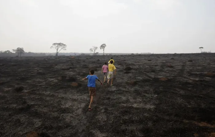 Framed Print : Children walk on a burned area of Chapada dos Guimaraes in midwesten Brazil Framed Print : Children walk on a burned area of Chapada dos Guimaraes in midwesten Brazil