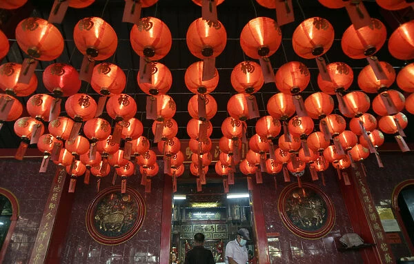 Chinese lanterns hang on a temple ceiling in Jakarta