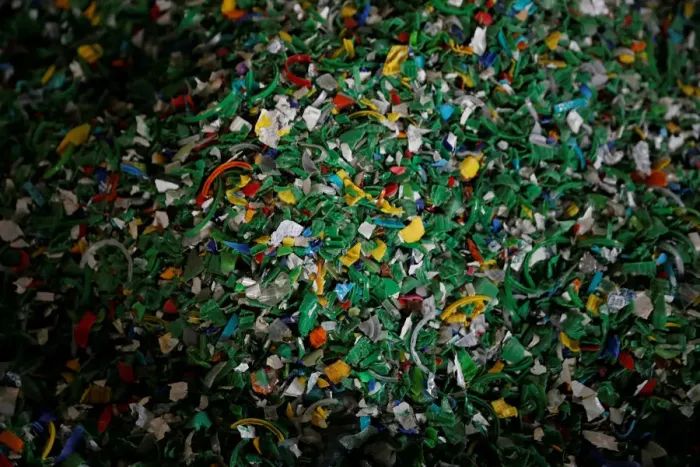 Framed Print : Chips made from recycled plastic bottles are seen before being processed at the Weeco Framed Print : Chips made from recycled plastic bottles are seen before being processed at the Weeco