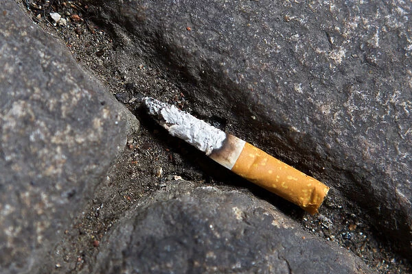 A cigarette butt litters the street in Lyon