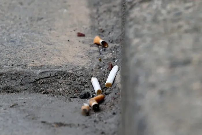 Framed Print : Cigarette butts litter the street in Rochefort Framed Print : Cigarette butts litter the street in Rochefort