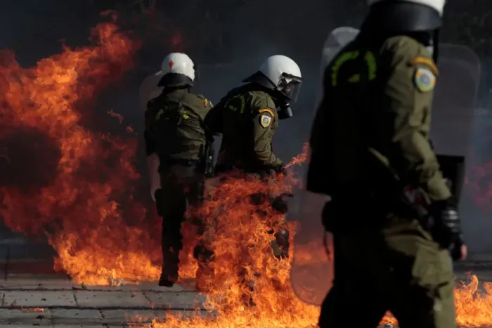 Framed Print : Clashes during a demonstration called by self-proclaimed anarchists from the Balkans