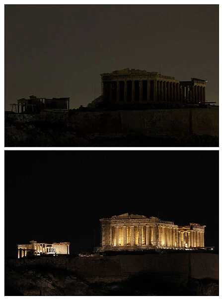 A combination photo shows the hill of the Acropolis before