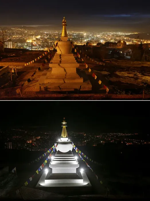 Framed Print : A combination photo shows the Stupa of Enlightenment at the Buddhist Centre before Framed Print : A combination photo shows the Stupa of Enlightenment at the Buddhist Centre before