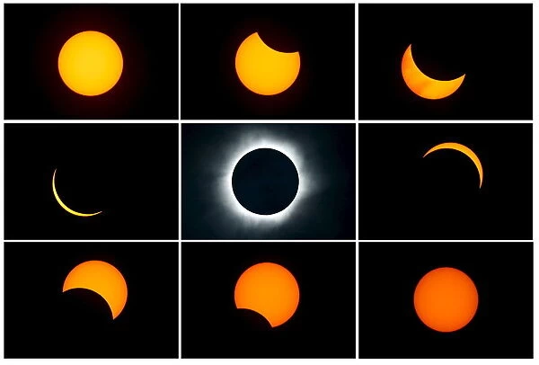 A combination photograph shows a series of total solar eclipse as seen from the beach of