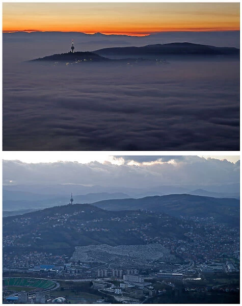 A combination picture shows a Sarajevo TV tower as smog blankets Sarajevo