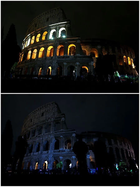 A combination picture shows a view of the ancient Colosseum before