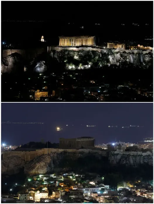 Framed Print : A combination picture shows a view of the ancient Parthenon temple atop the Acropolis Framed Print : A combination picture shows a view of the ancient Parthenon temple atop the Acropolis