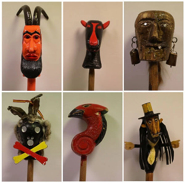 A combination of six pictures showing figures on the top of a stick used by believers