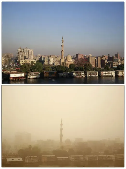 Framed Print : Combo photo of mosque in sunshine and during a sandstorm, in Cairo