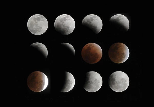 A composite of 12 pictures shows a full lunar eclipse over the skies in Hefei