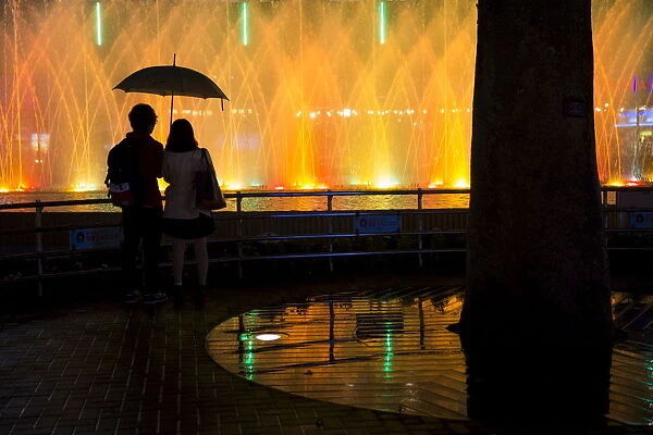 A couple watch an illuminated fountain display in Tokyo