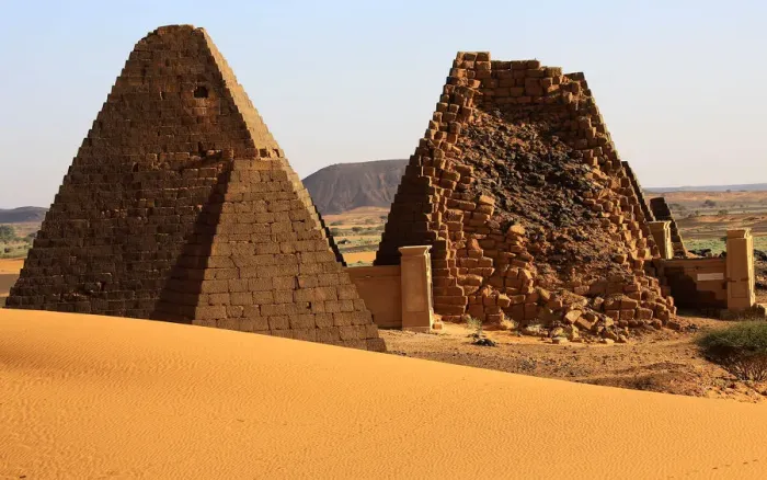 Framed Print : Creeping desert sands surround the Royal Cemeteries of Meroe Pyramids in Begrawiya Framed Print : Creeping desert sands surround the Royal Cemeteries of Meroe Pyramids in Begrawiya