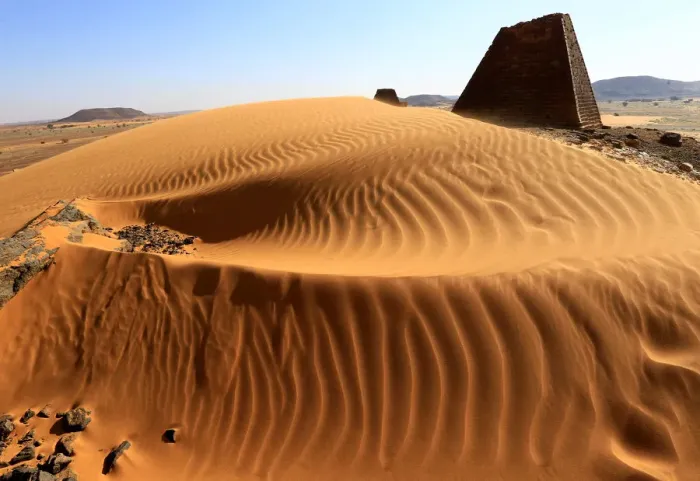 Framed Print : Creeping desert sands surround the Royal Cemeteries of Meroe Pyramids in Begrawiya Framed Print : Creeping desert sands surround the Royal Cemeteries of Meroe Pyramids in Begrawiya