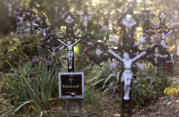 Crosses are pictured at the Friedhof der Namenlosen in Vienna