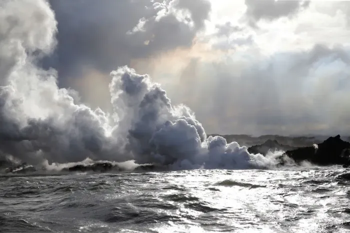 Framed Print : After crossing Highway 137, laze rises where lava hits the ocean during the eruption of Framed Print : After crossing Highway 137, laze rises where lava hits the ocean during the eruption of