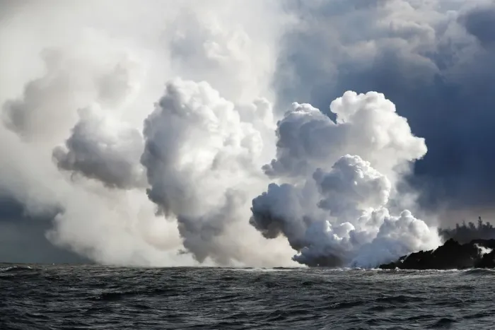 Framed Print : After crossing Hwy 137, laze rises where the lava hit the ocean during the eruption of Framed Print : After crossing Hwy 137, laze rises where the lava hit the ocean during the eruption of