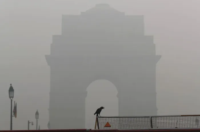 Framed Print : A crow sits on a barricade in front of India Gate amidst smog in New Delhi Framed Print : A crow sits on a barricade in front of India Gate amidst smog in New Delhi