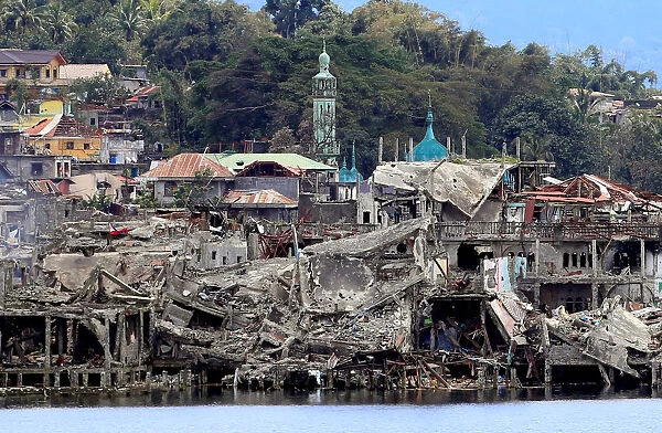 Damaged buildings are seen inside a war-torn area in Marawi City